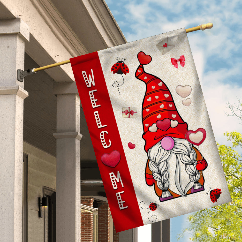 Welcome Gnome Valentine's Day Flag Love Heart Rustic Farmhouse Flag | Teecentury.com
