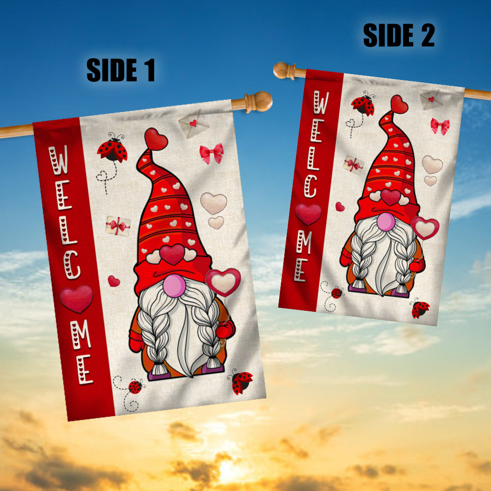Welcome Gnome Valentine's Day Flag Love Heart Rustic Farmhouse Flag | Teecentury.com
