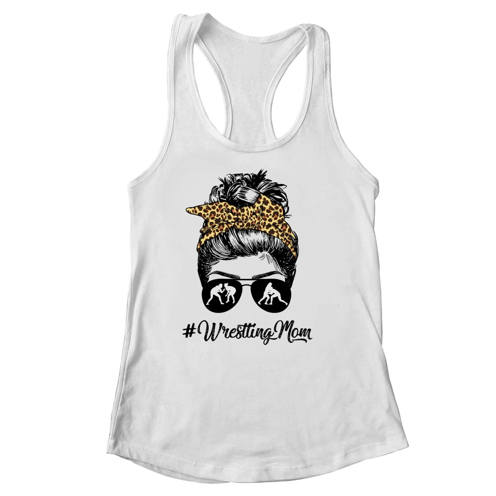 Wrestling Mom Women Leopard Messy Bun Glasses Shirt & Tank Top | teecentury