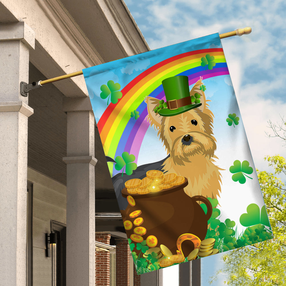 Yorkie St Patrick's Day Dog Flag Funny Peeking Dog Wear Green Hat Golden Pot Coin Shamrock Rainbow Spring Banner for Home Decor | teecentury