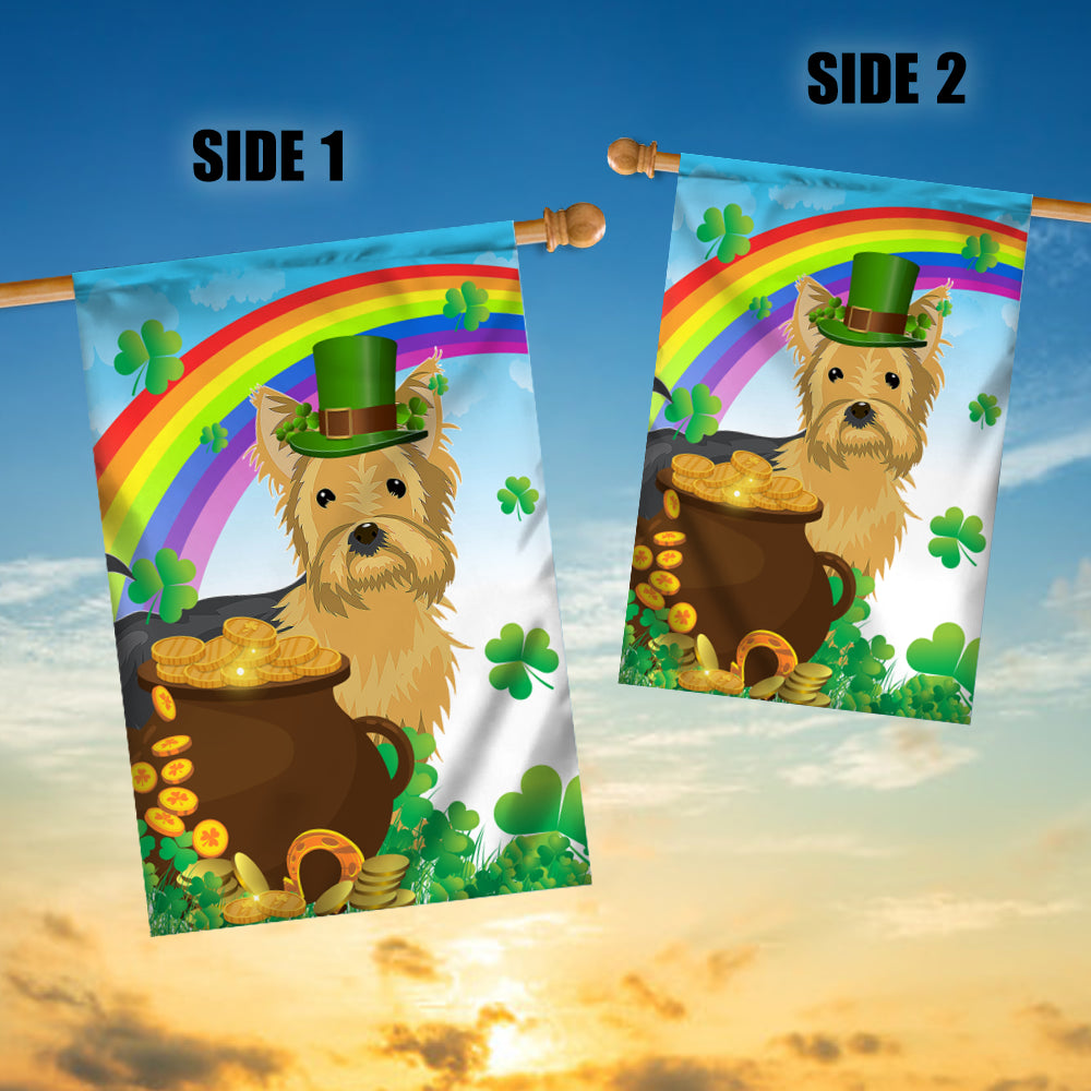 Yorkie St Patrick's Day Dog Flag Funny Peeking Dog Wear Green Hat Golden Pot Coin Shamrock Rainbow Spring Banner for Home Decor | teecentury