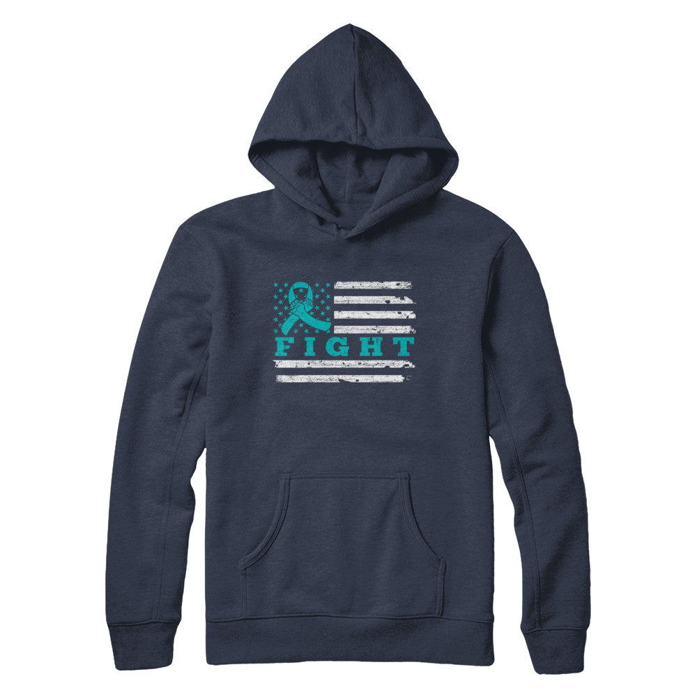 Fight Teal Ribbon US Flag Ovarian Cancer Awareness T-Shirt & Hoodie | Teecentury.com