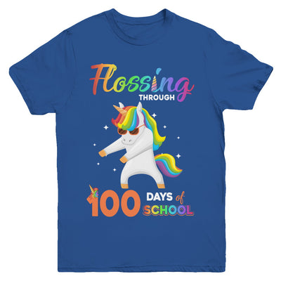 Flossing through 100 Days of School Unicorn Girl Youth Youth Shirt | Teecentury.com