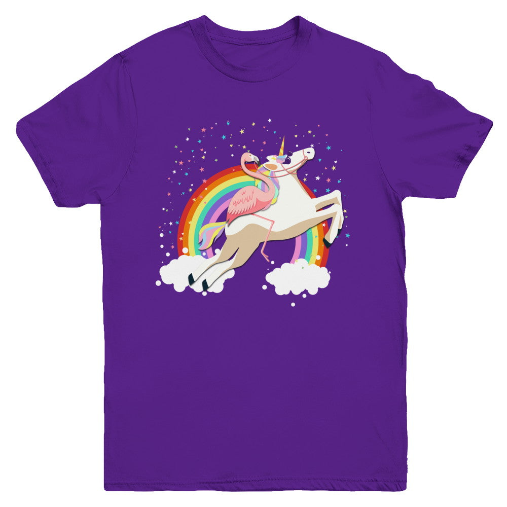 Flamingo Pink Bird Riding Unicorn Youth Youth Shirt | Teecentury.com