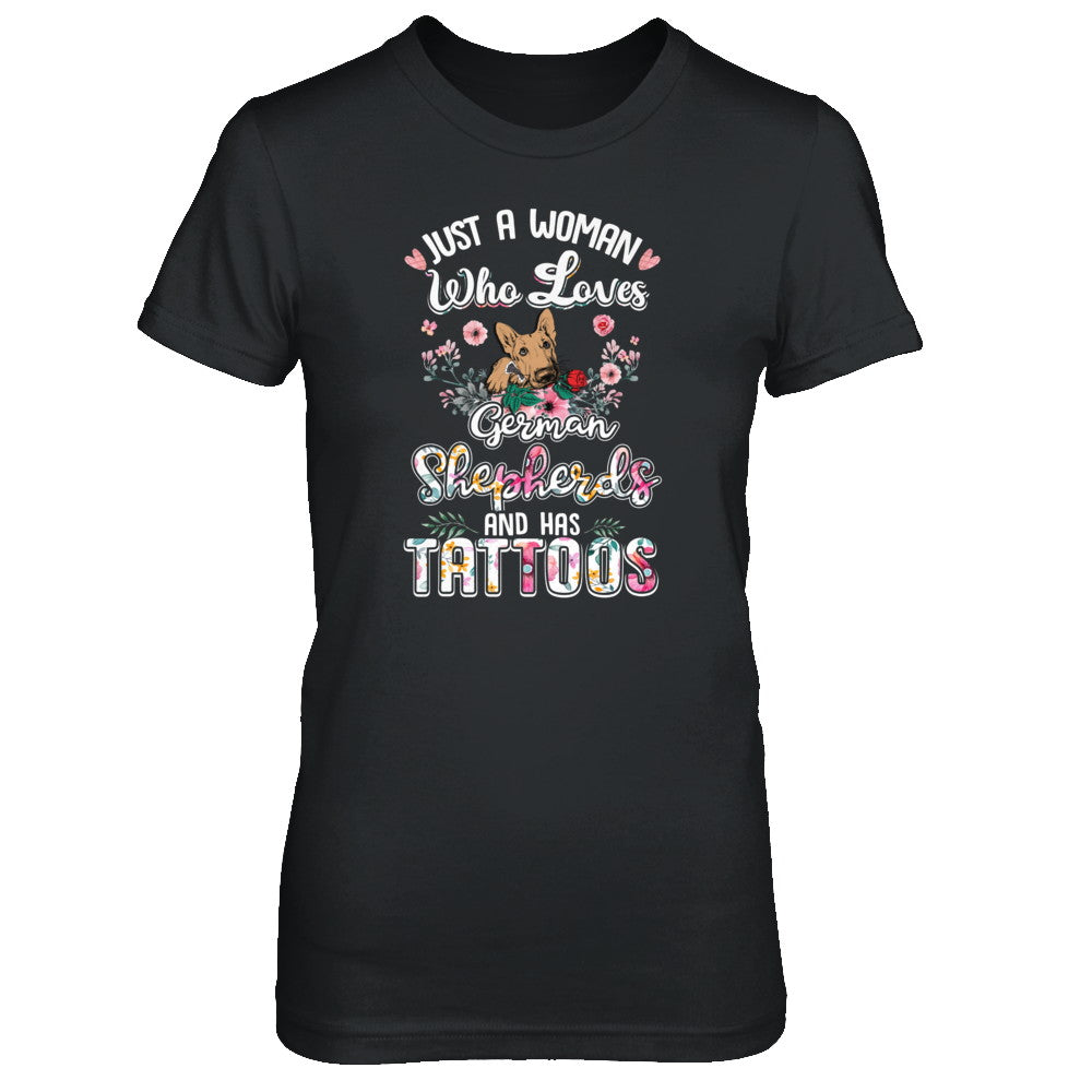 Just A Woman Who Loves German Shepherds And Has Tattoos T-Shirt & Tank Top | Teecentury.com