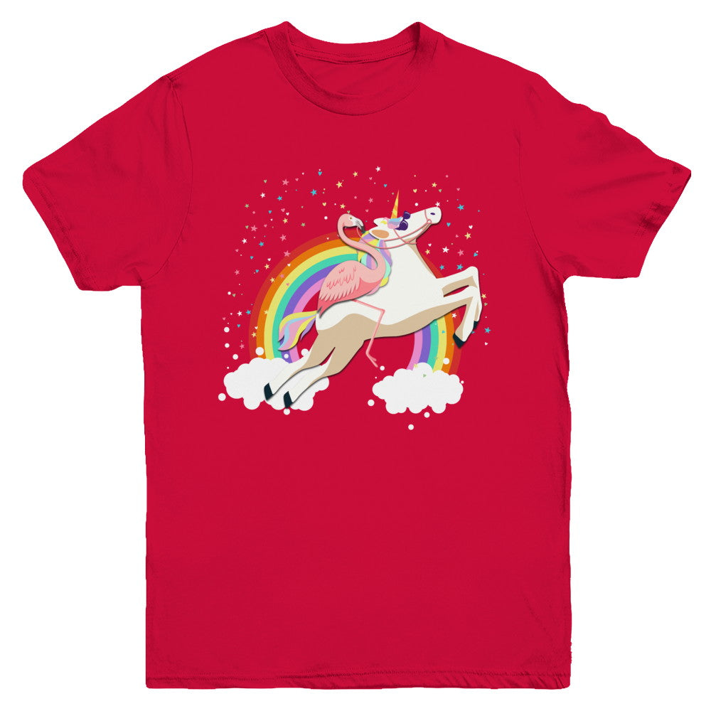 Flamingo Pink Bird Riding Unicorn Youth Youth Shirt | Teecentury.com