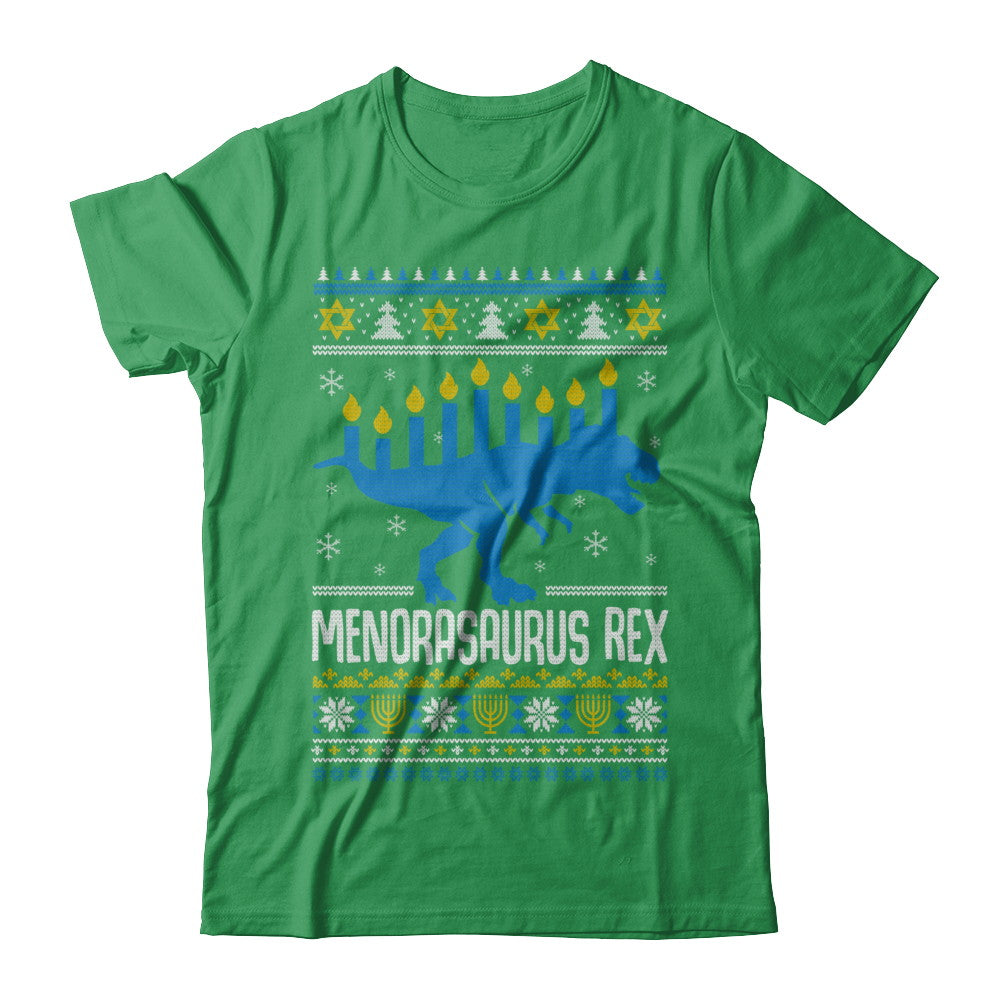 Funny Ugly Hanukkah Dinosaur T-Rex Menorasaurus Sweater T-Shirt & Sweatshirt | Teecentury.com
