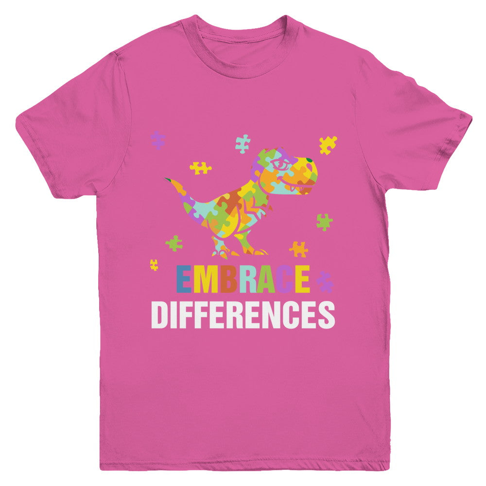 Autism Awareness Puzzle Piece Dinosaur Embrace Differences Youth Youth Shirt | Teecentury.com