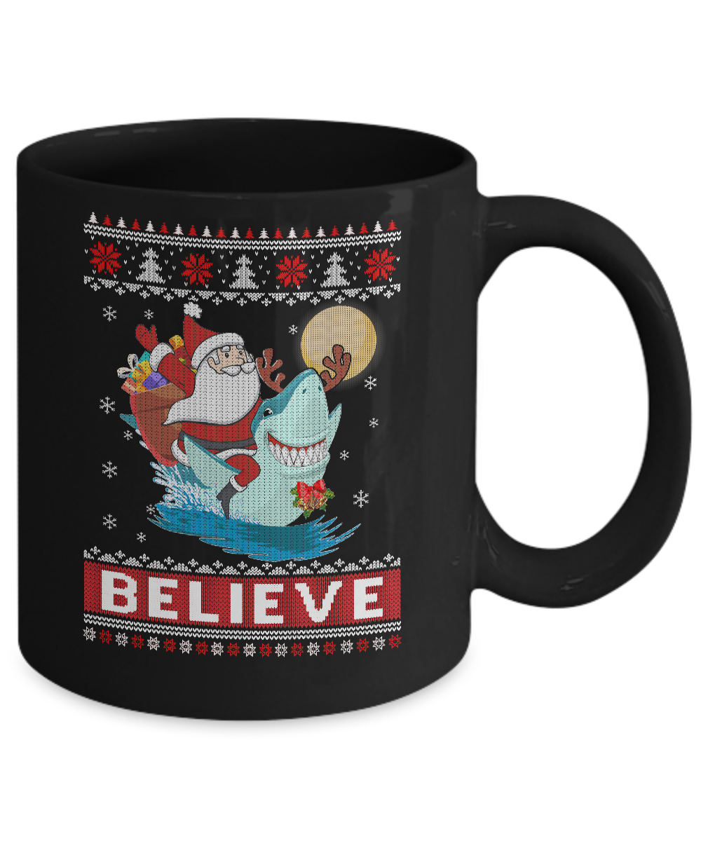Believe In Santa Riding Shark Ugly Christmas Sweater Mug Coffee Mug | Teecentury.com