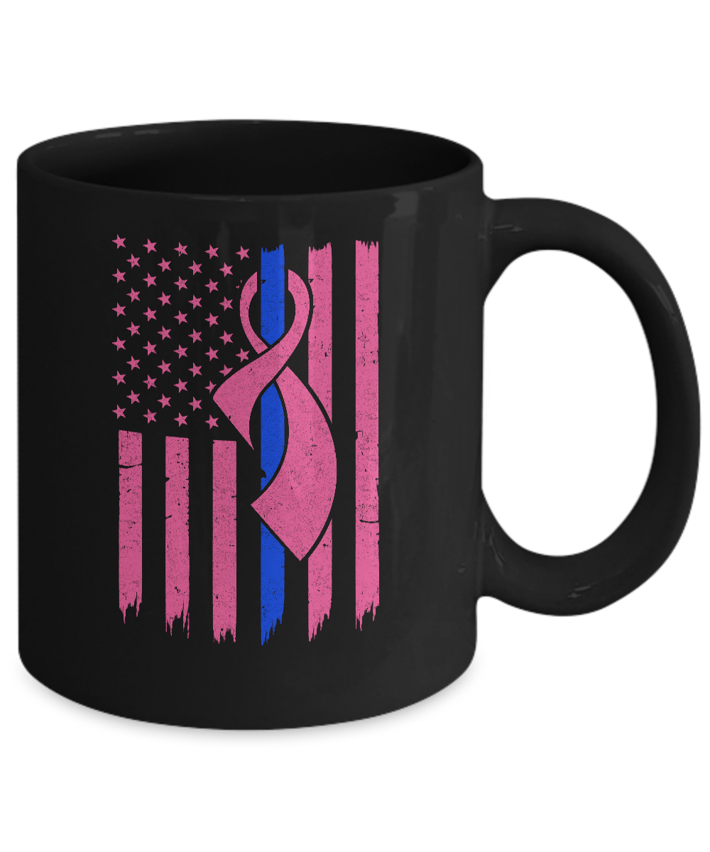 Blue Line Police US Flag Pink Ribbon Breast Cancer Awareness Mug Coffee Mug | Teecentury.com