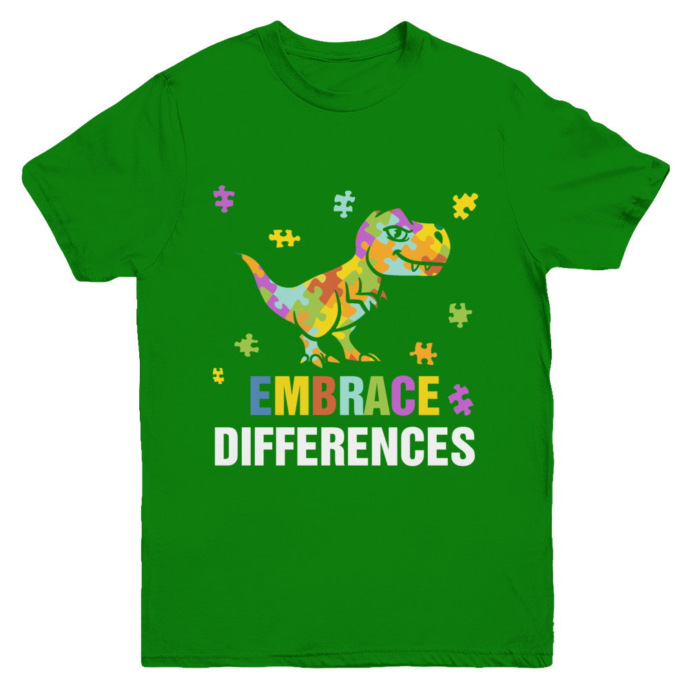 Autism Awareness Puzzle Piece Dinosaur Embrace Differences Youth Youth Shirt | Teecentury.com