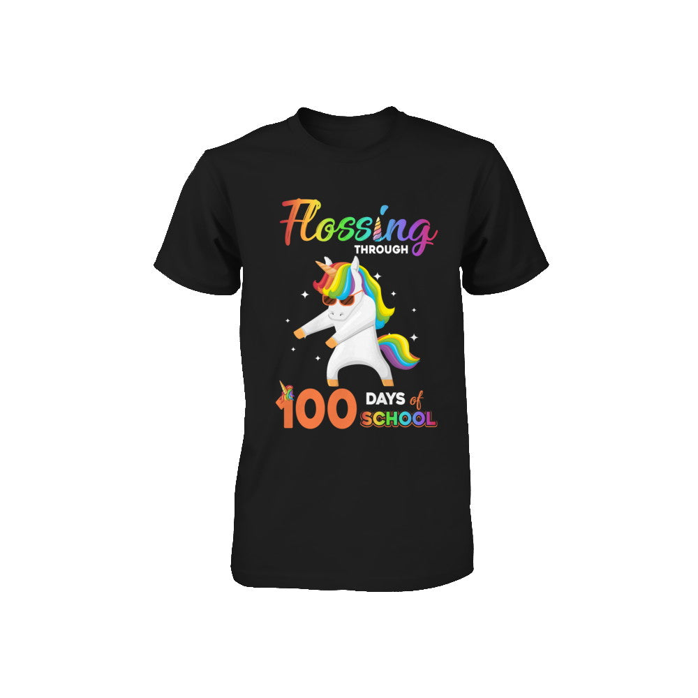 Flossing through 100 Days of School Unicorn Girl Youth Youth Shirt | Teecentury.com