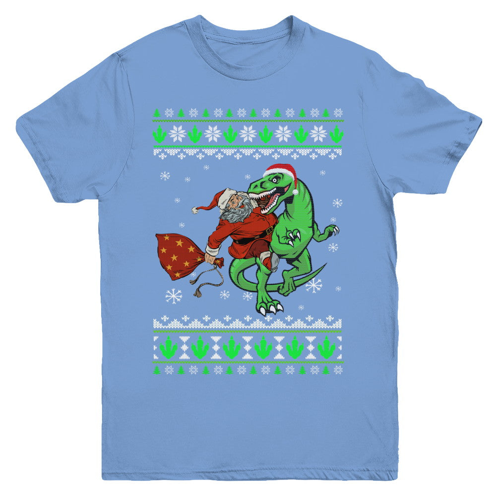 Santa Riding Dinosaur T-Rex Ugly Christmas Sweater Youth Youth Shirt | Teecentury.com