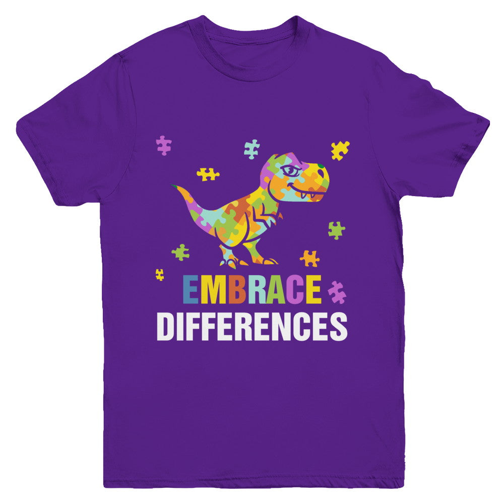Autism Awareness Puzzle Piece Dinosaur Embrace Differences Youth Youth Shirt | Teecentury.com