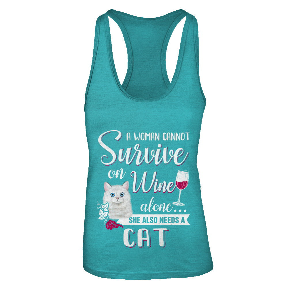 A Woman Can't Survive On Wine Alone Cat T-Shirt & Tank Top | Teecentury.com