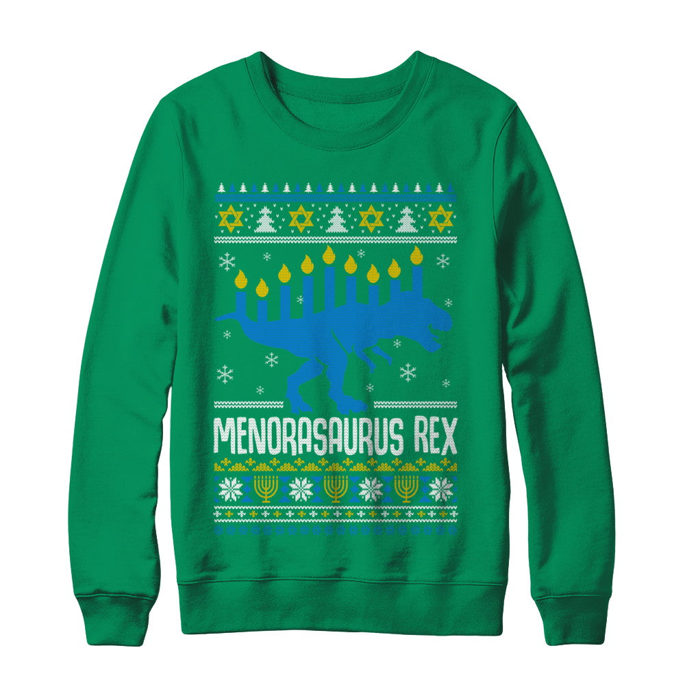 Funny Ugly Hanukkah Dinosaur T-Rex Menorasaurus Sweater T-Shirt & Sweatshirt | Teecentury.com
