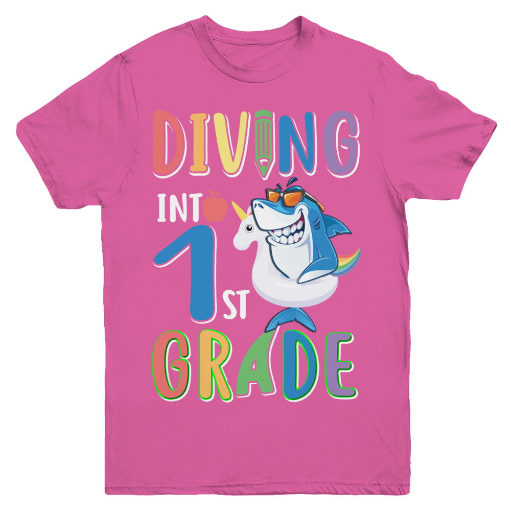 Diving Into 1st Grade Back To School Shark Youth Youth Shirt | Teecentury.com
