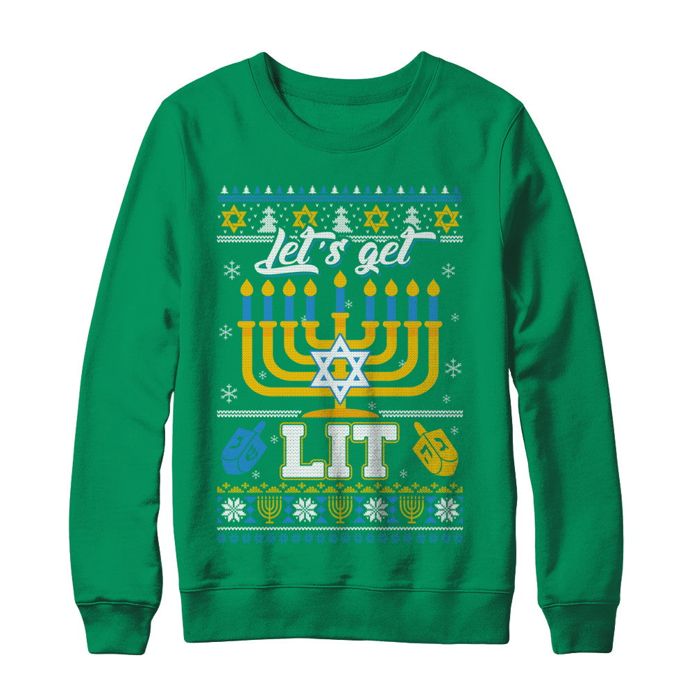 Funny Happy Hanukkah Chanukah Let's Get Lit Ugly Sweater T-Shirt & Sweatshirt | Teecentury.com