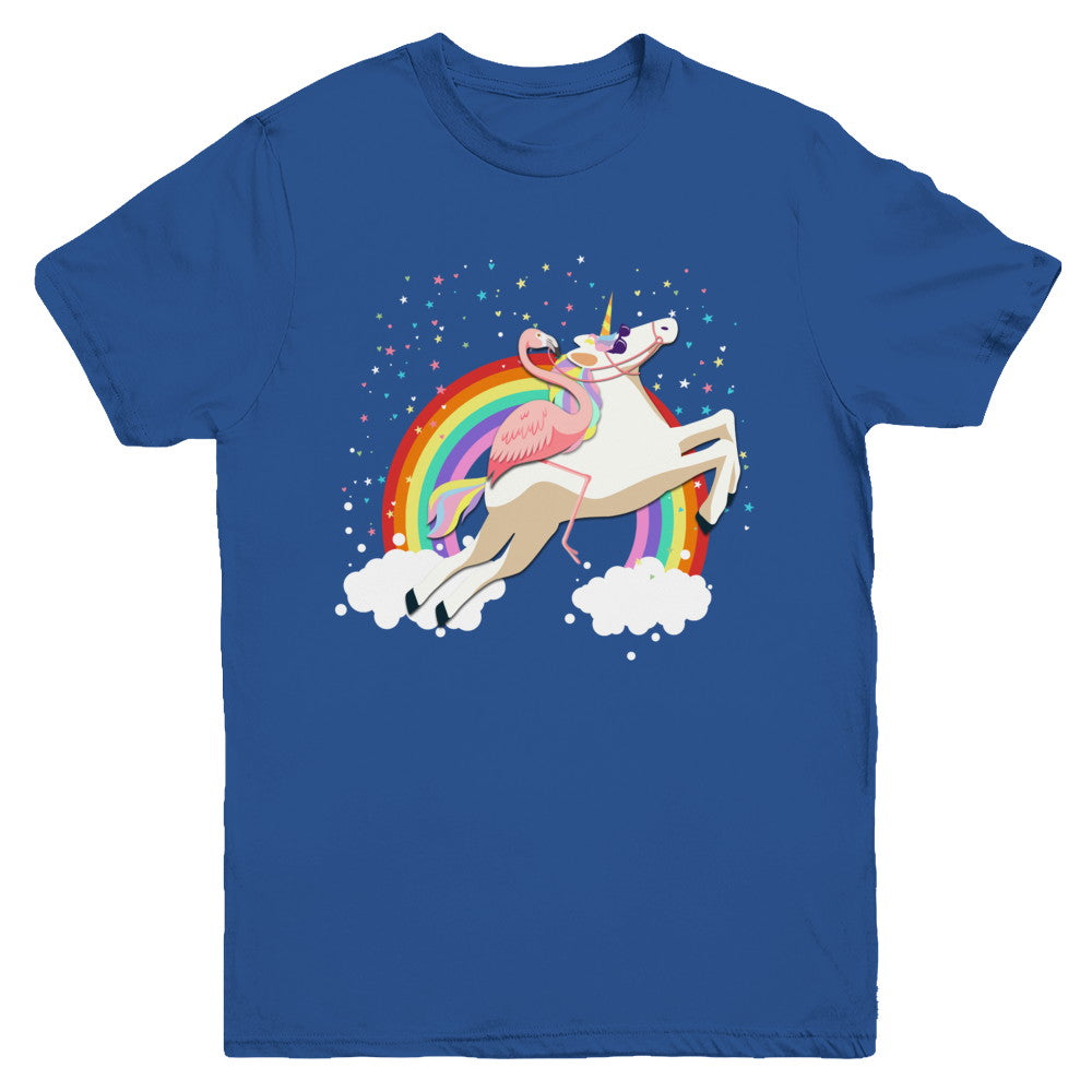 Flamingo Pink Bird Riding Unicorn Youth Youth Shirt | Teecentury.com
