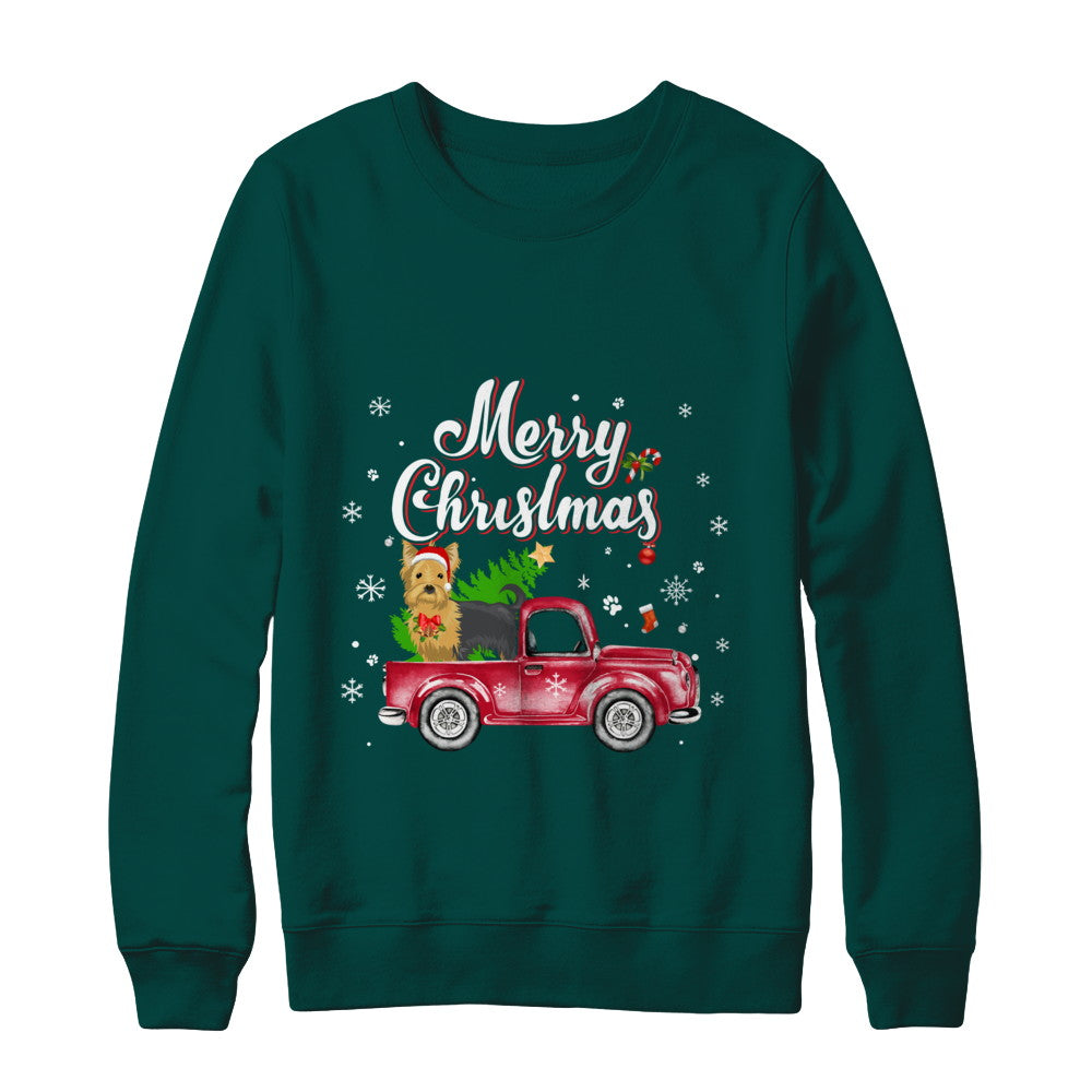 Yorkie Rides Red Truck Christmas Pajama T-Shirt & Sweatshirt | Teecentury.com