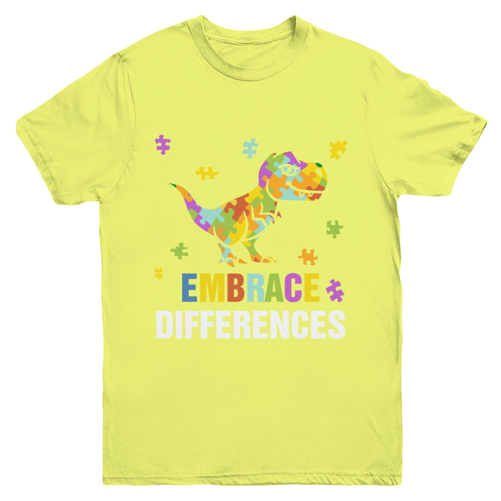Autism Awareness Puzzle Piece Dinosaur Embrace Differences Youth Youth Shirt | Teecentury.com