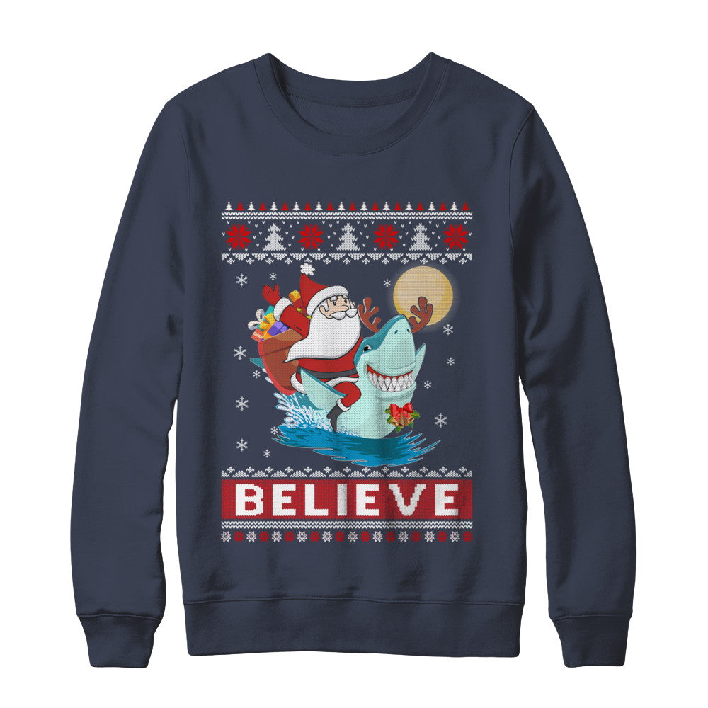 Believe In Santa Riding Shark Ugly Christmas Sweater T-Shirt & Sweatshirt | Teecentury.com