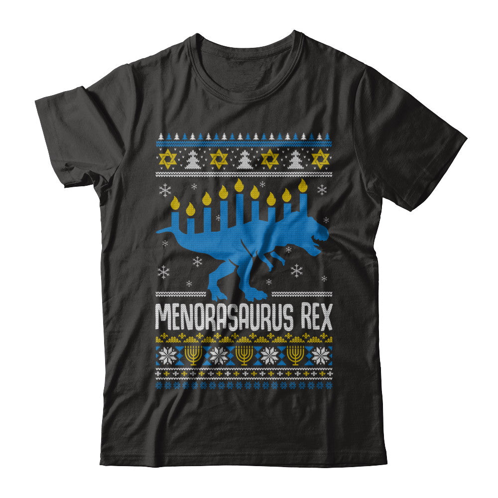 Funny Ugly Hanukkah Dinosaur T-Rex Menorasaurus Sweater T-Shirt & Sweatshirt | Teecentury.com