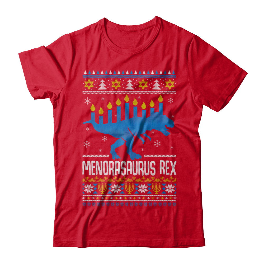 Funny Ugly Hanukkah Dinosaur T-Rex Menorasaurus Sweater T-Shirt & Sweatshirt | Teecentury.com