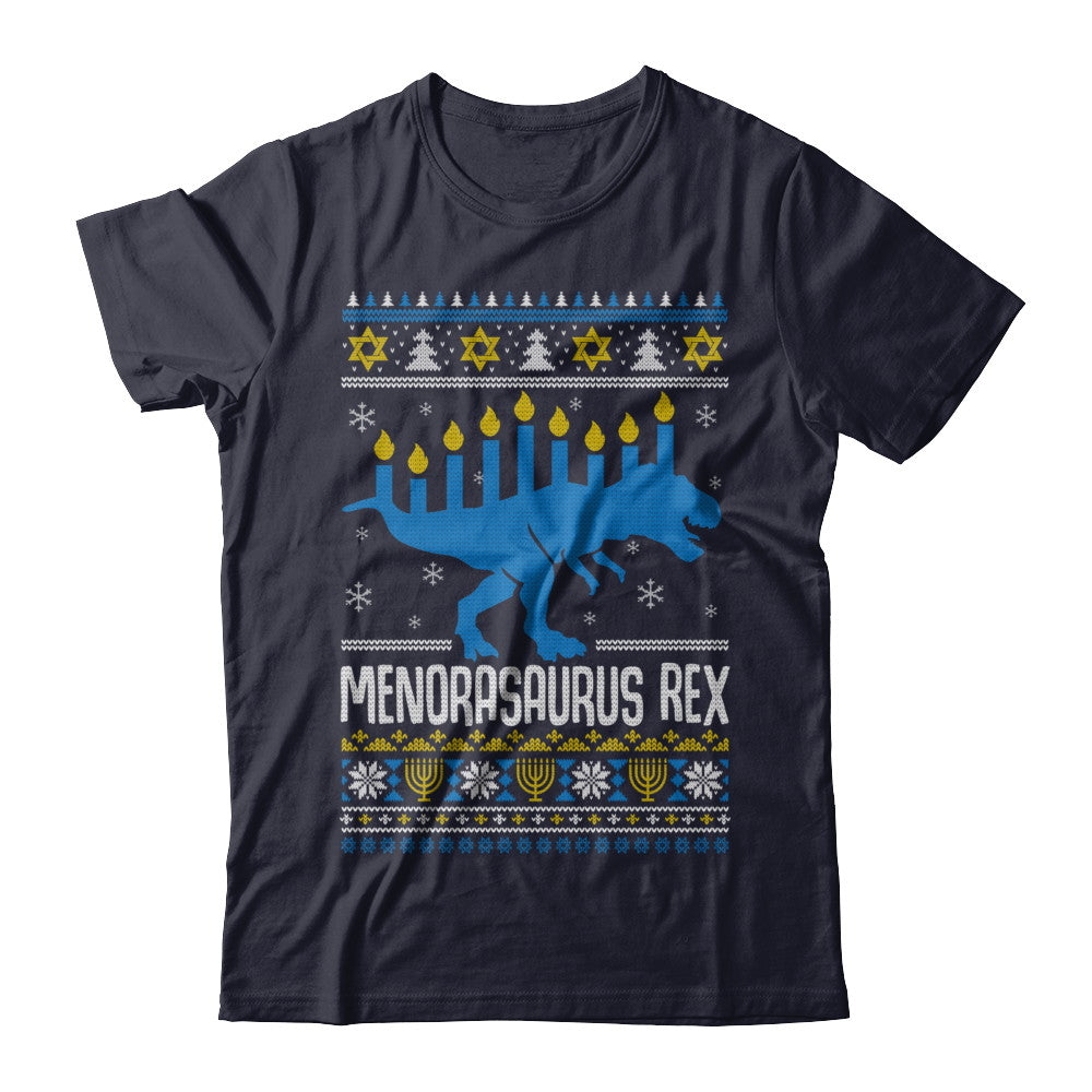 Funny Ugly Hanukkah Dinosaur T-Rex Menorasaurus Sweater T-Shirt & Sweatshirt | Teecentury.com