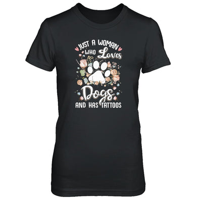 Just A Woman Who Loves Dogs And Have Tattoos T-Shirt & Tank Top | Teecentury.com