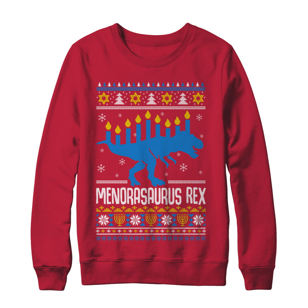 Funny Ugly Hanukkah Dinosaur T-Rex Menorasaurus Sweater T-Shirt & Sweatshirt | Teecentury.com
