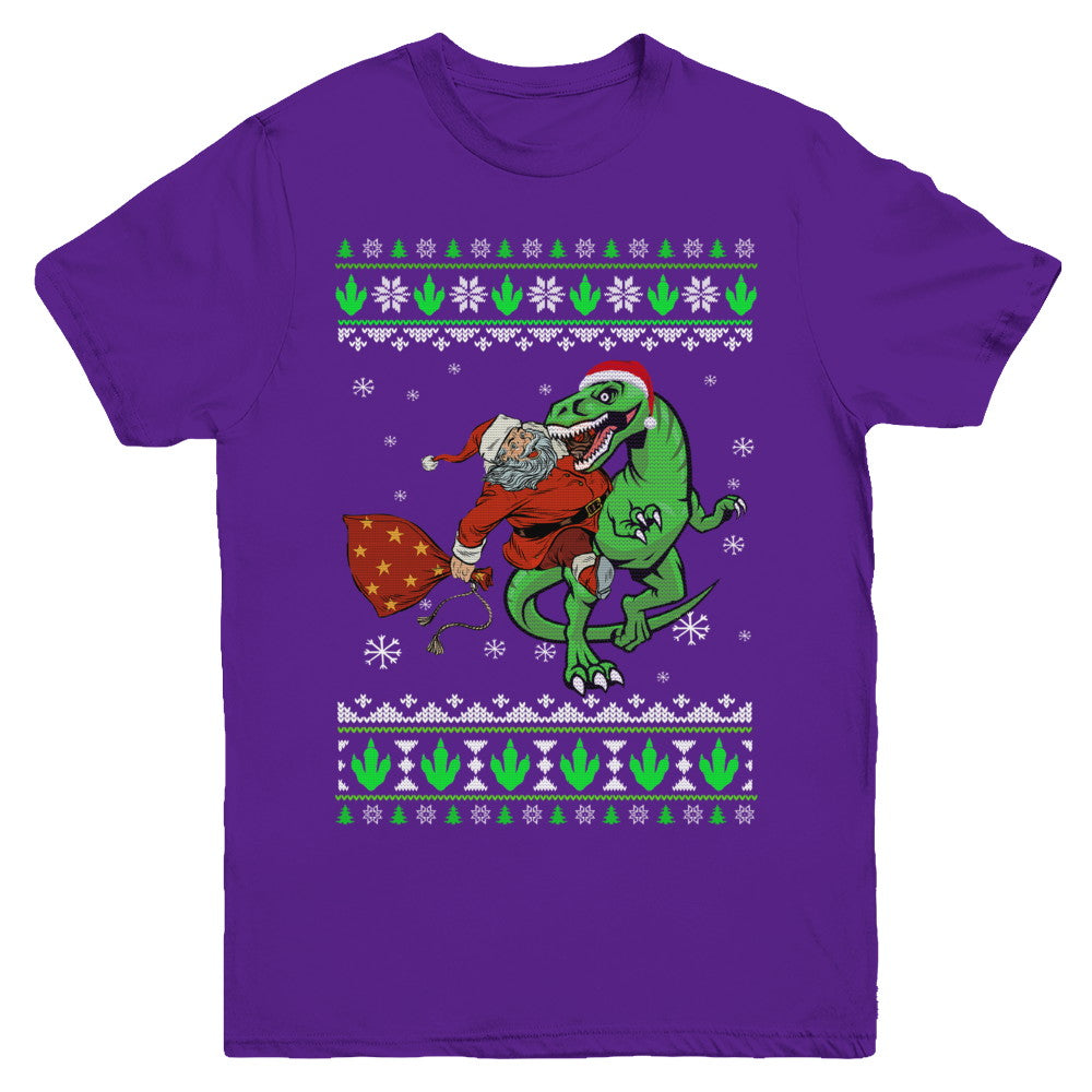 Santa Riding Dinosaur T-Rex Ugly Christmas Sweater Youth Youth Shirt | Teecentury.com
