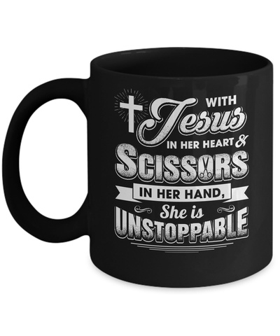 With Jesus In Her Heart And Scissors For Hairdresser Mug Coffee Mug | Teecentury.com