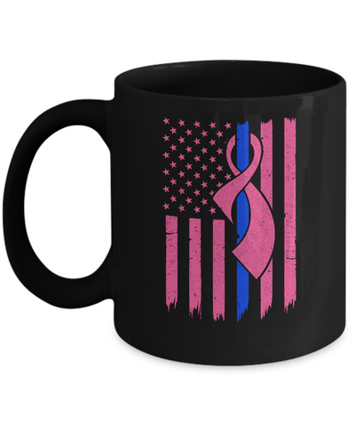 Blue Line Police US Flag Pink Ribbon Breast Cancer Awareness Mug Coffee Mug | Teecentury.com
